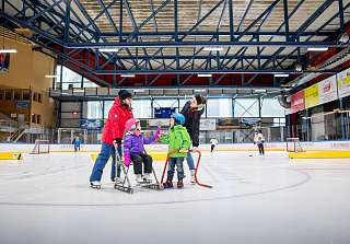 Famille patinant sur la glace dans la patinoire couverte : deux adultes aidant deux enfants avec des aides à la patinage. © David Birri